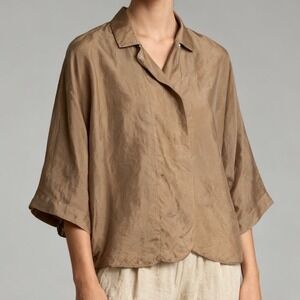 Massimo Dutti Silk Boxy 3/4 Sleeve Button Up Top Beige size Medium